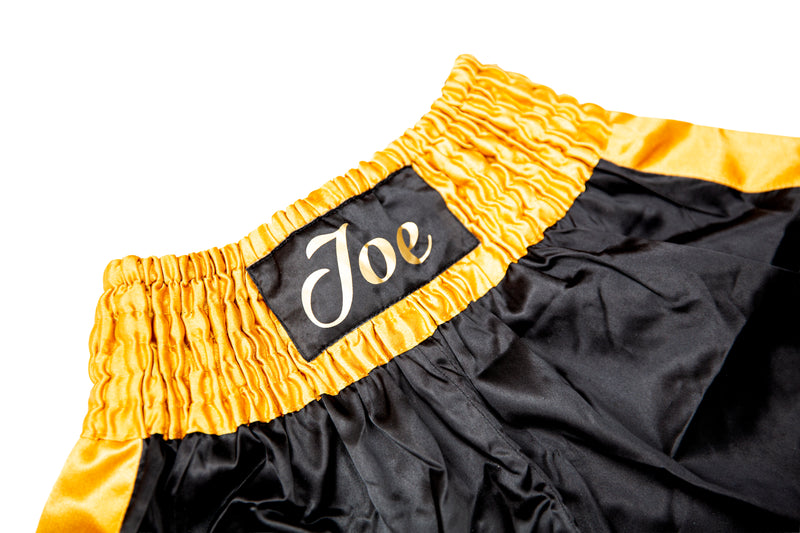 Personalised Boxing Shorts – Black & Gold Satin - Gift Boxed - Kids + Mens