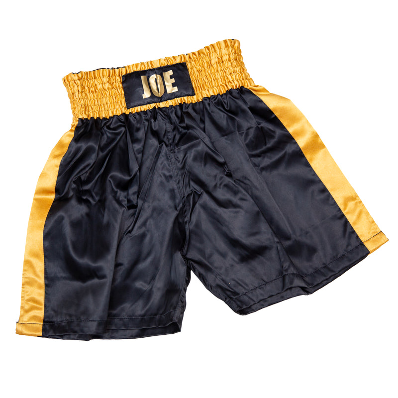 Personalised Boxing Shorts – Black & Gold Satin - Gift Boxed - Kids + Mens