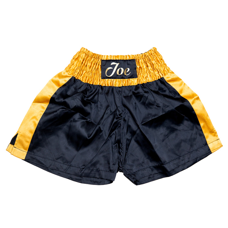 Personalised Boxing Shorts – Black & Gold Satin - Gift Boxed - Kids + Mens