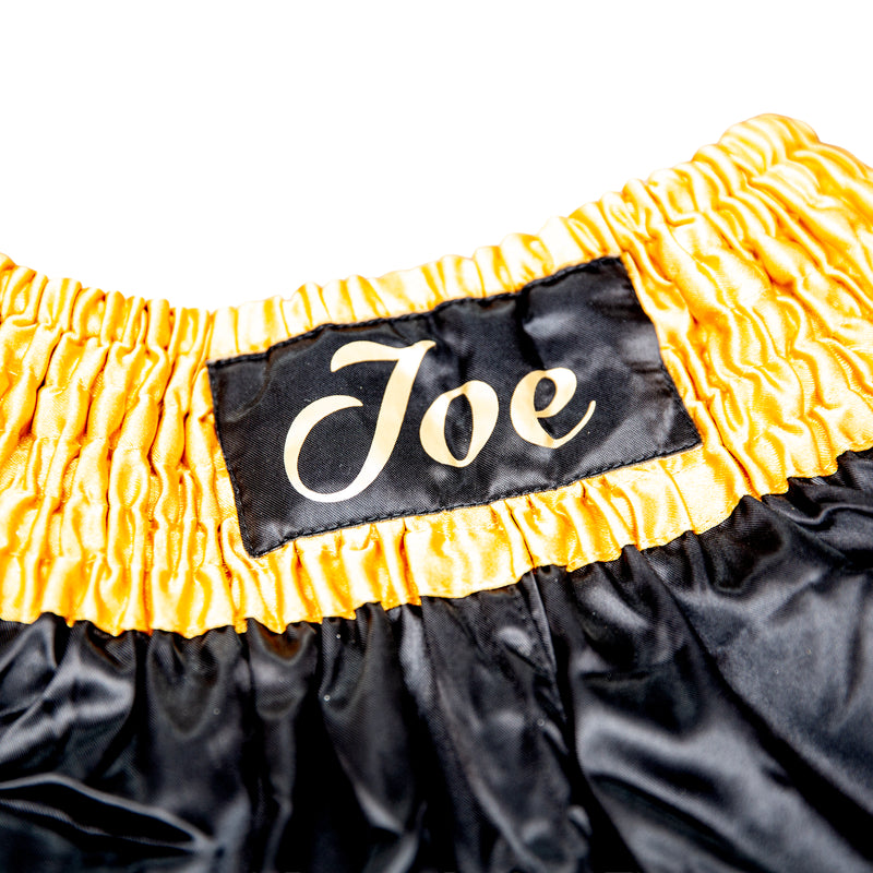 Personalised Boxing Shorts – Black & Gold Satin - Gift Boxed - Kids + Mens