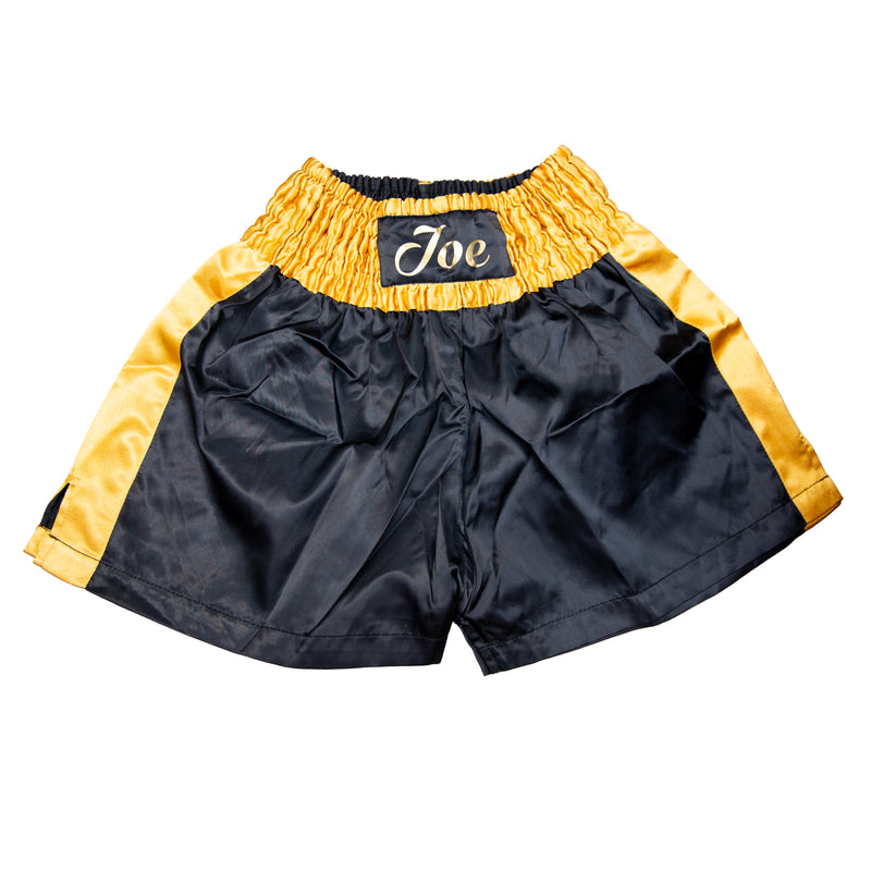 Personalised Boxing Shorts – Black & Gold Satin - Gift Boxed - Kids + Mens