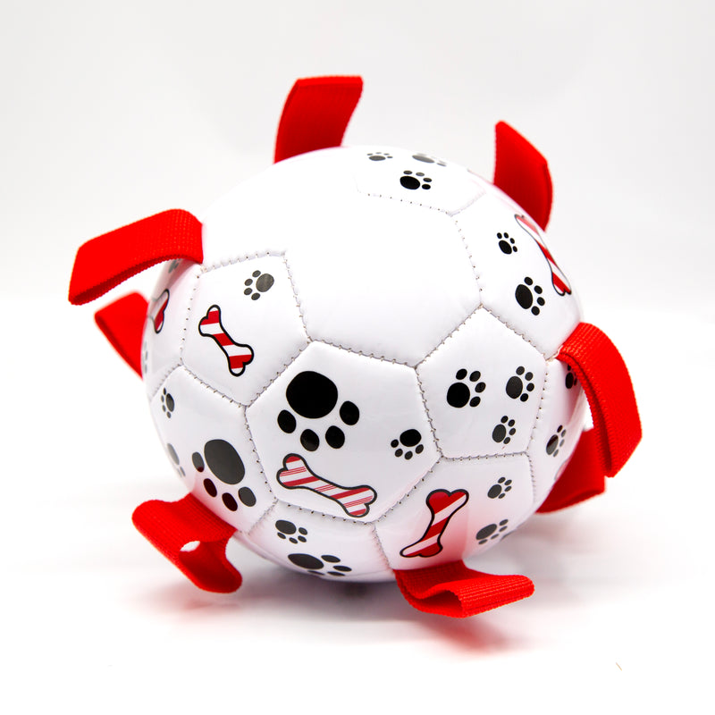 Dog Football with Tug Straps - White